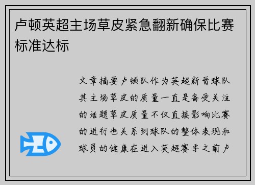 卢顿英超主场草皮紧急翻新确保比赛标准达标
